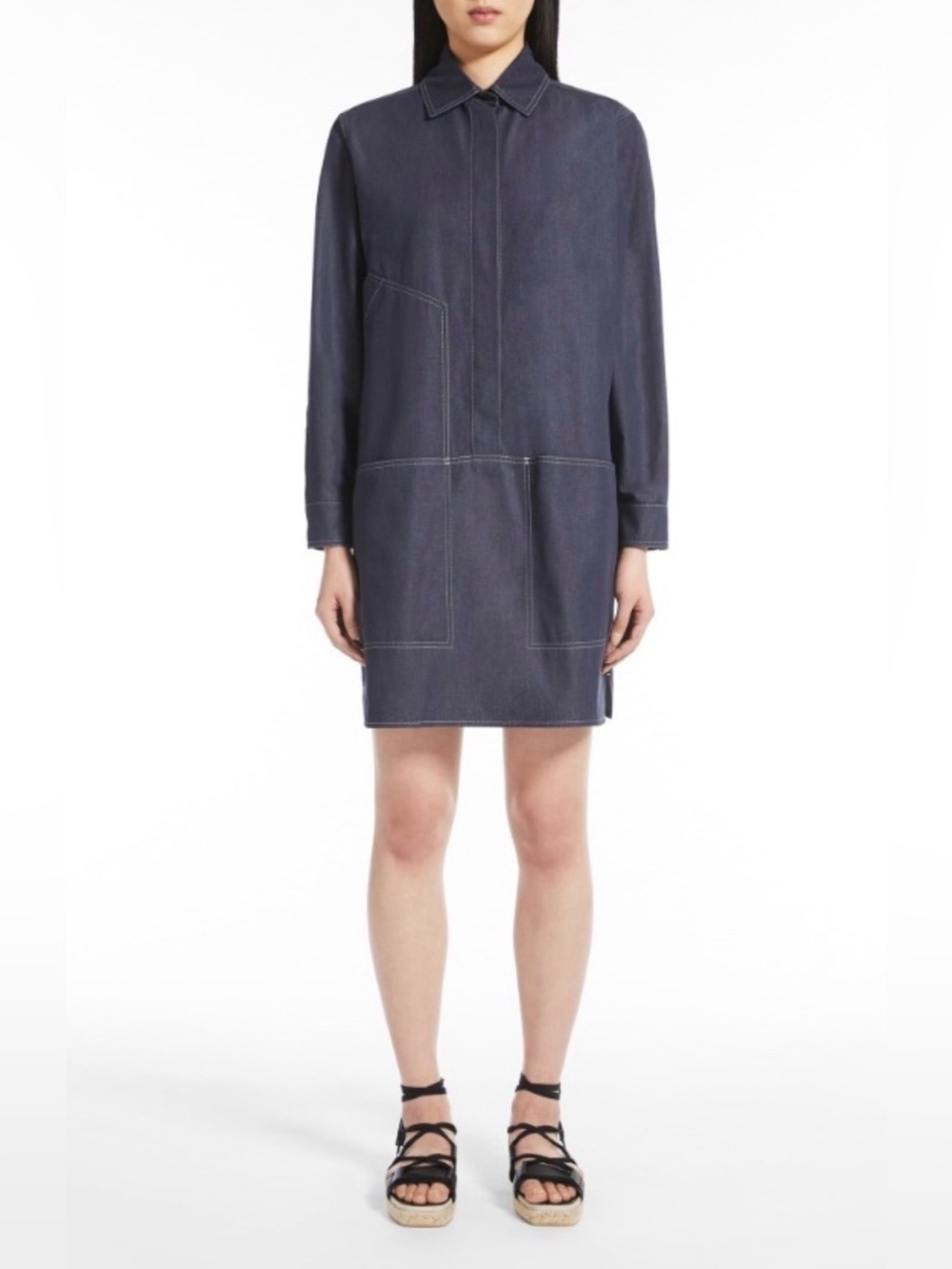 Max Mara Billy Navy Shirt Dress Denim Stitch Detail Made in Italy size US4-6